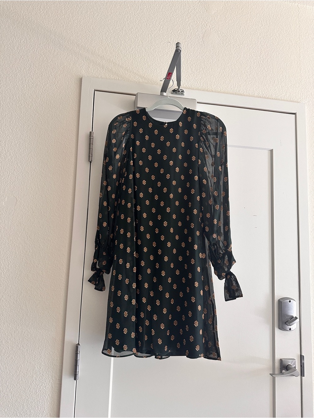 Calvin Klein Black Sheer Long-Sleeve Shift Dress with Gold Motif